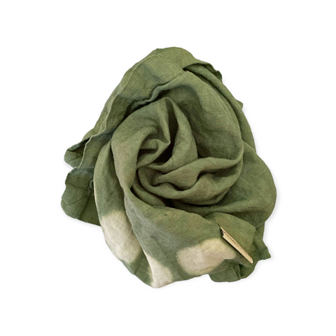 Beautiful hand-dyed itajime hemp moon linen hand towel in sage with undyed circles by kamppinen