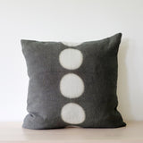 18' square handdyed pillow dark green with 5 undyed circles in vertical line down center, made of hemp linen by kamppinen. 